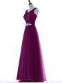 Designer V-neck Sleeveless Dress for Prom Floor Length Beading and Lace Purple Tulle