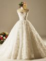 Free and Easy Sleeveless Beading and Lace Lace Up Bridal Gown with White Brush Train