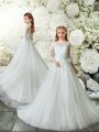 Unique White Toddler Flower Girl Dress Wedding Party with Lace Scoop 3 4 Length Sleeve Brush Train Clasp Handle
