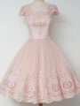 Deluxe Peach Zipper Square Lace Wedding Party Dress Tulle Cap Sleeves