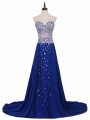 Suitable Sleeveless Beading Zipper Oscars Dresses with Royal Blue Brush Train