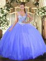 Shining Blue Ball Gowns Tulle Straps Sleeveless Beading Floor Length Lace Up Quince Ball Gowns