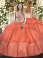 Classical Orange Red Tulle Lace Up Quinceanera Gowns Sleeveless Floor Length Beading and Ruffled Layers