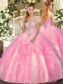 On Sale Rose Pink Quinceanera Gowns Military Ball and Sweet 16 and Quinceanera with Appliques and Ruffles Strapless Sleeveless Lace Up