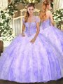 High End Lavender Ball Gowns Appliques and Ruffles Quinceanera Gowns Lace Up Tulle Sleeveless Floor Length