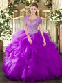 Custom Made Sleeveless Floor Length Beading and Ruffled Layers Clasp Handle Ball Gown Prom Dress with Fuchsia