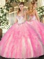 Sweetheart Sleeveless Sweet 16 Dresses Floor Length Beading and Ruffles Rose Pink Tulle