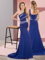 Dazzling One Shoulder Sleeveless Sweep Train Lace Up Dress for Prom Blue Chiffon