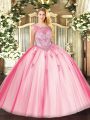 Hot Selling Floor Length Pink Quinceanera Gowns Scoop Sleeveless Zipper