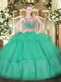 Comfortable Floor Length Two Pieces Sleeveless Turquoise Quinceanera Gowns Lace Up