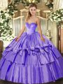 Lavender Organza and Taffeta Lace Up Ball Gown Prom Dress Sleeveless Floor Length Beading and Ruffled Layers