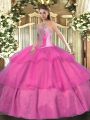 Tulle Sweetheart Sleeveless Lace Up Beading and Ruffled Layers Vestidos de Quinceanera in Hot Pink