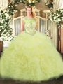 Lovely Yellow Ball Gowns Beading and Ruffles Quince Ball Gowns Zipper Organza Sleeveless Floor Length