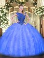 Nice Blue Sleeveless Floor Length Beading and Ruffles Zipper Sweet 16 Dresses