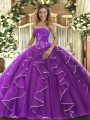 Suitable Purple Ball Gowns Tulle Strapless Sleeveless Beading and Ruffles Floor Length Lace Up 15 Quinceanera Dress
