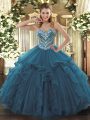 Sweetheart Sleeveless Quinceanera Gown Floor Length Beading and Ruffles Teal Tulle