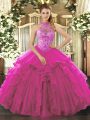 Beautiful Fuchsia Sleeveless Floor Length Beading and Ruffles Lace Up Quinceanera Dresses