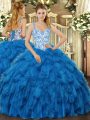Classical Ball Gowns 15th Birthday Dress Blue Straps Organza Sleeveless Floor Length Lace Up