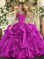 Modest Floor Length Lace Up 15th Birthday Dress Fuchsia for Military Ball and Sweet 16 and Quinceanera with Ruffles