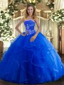 Spectacular Tulle Strapless Sleeveless Lace Up Beading and Ruffles Quince Ball Gowns in Blue