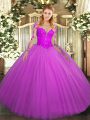 Fuchsia Lace Up Scoop Lace Quinceanera Dress Tulle Long Sleeves