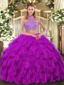 Chic Organza Halter Top Sleeveless Criss Cross Beading and Ruffled Layers Ball Gown Prom Dress in Fuchsia