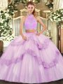 Colorful Sleeveless Floor Length Beading and Appliques and Ruffles Criss Cross Quinceanera Gown with Lilac