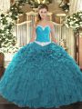 High End Teal Sweetheart Lace Up Appliques and Ruffles Quinceanera Gown Sleeveless