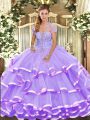 Floor Length Lavender Quinceanera Gowns Strapless Sleeveless Lace Up
