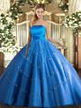 Floor Length Lace Up Ball Gown Prom Dress Blue for Military Ball and Sweet 16 and Quinceanera with Appliques