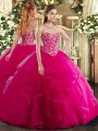 Fuchsia Quinceanera Dress Military Ball and Sweet 16 and Quinceanera with Embroidery and Ruffles Sweetheart Sleeveless Lace Up