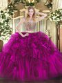 Scoop Sleeveless Organza 15 Quinceanera Dress Beading and Ruffles Lace Up
