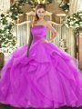 Floor Length Lace Up Ball Gown Prom Dress Fuchsia for Military Ball and Sweet 16 and Quinceanera with Ruffles