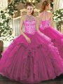 Edgy Fuchsia Organza Lace Up Halter Top Sleeveless Floor Length Quinceanera Gown Beading