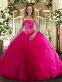 Hot Pink Ball Gowns Beading and Ruffles 15th Birthday Dress Lace Up Tulle Sleeveless Floor Length