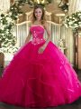 Hot Pink Ball Gowns Beading and Ruffles 15th Birthday Dress Lace Up Tulle Sleeveless Floor Length
