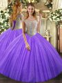 Comfortable Off The Shoulder Sleeveless Lace Up Sweet 16 Dresses Lavender Tulle