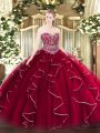 Wine Red Tulle Lace Up Sweetheart Sleeveless Floor Length Sweet 16 Quinceanera Dress Beading and Ruffles