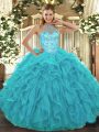 Aqua Blue Sleeveless Beading and Embroidery and Ruffles Floor Length 15 Quinceanera Dress