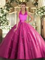 Halter Top Sleeveless Quince Ball Gowns Floor Length Appliques Hot Pink Tulle