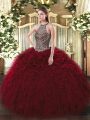 Fashionable Wine Red Lace Up Halter Top Beading and Ruffles Sweet 16 Dress Organza Sleeveless