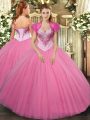 Amazing Floor Length Lace Up Vestidos de Quinceanera Rose Pink for Military Ball and Sweet 16 and Quinceanera with Beading