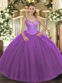 On Sale Ball Gowns Quinceanera Gowns Purple V-neck Tulle Sleeveless Floor Length Lace Up