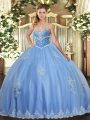 Sleeveless Floor Length Beading and Appliques Lace Up Quinceanera Gown with Blue