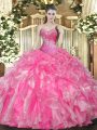 Modest Hot Pink Sweetheart Lace Up Beading and Ruffles Sweet 16 Quinceanera Dress Sleeveless