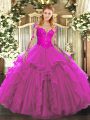 Stunning Fuchsia Quince Ball Gowns Military Ball and Sweet 16 and Quinceanera with Lace and Ruffles Scoop Long Sleeves Lace Up