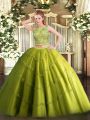 Custom Fit Olive Green Two Pieces Scoop Sleeveless Tulle Floor Length Lace Up Beading and Appliques Sweet 16 Dresses