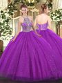Fuchsia Ball Gowns Beading Sweet 16 Dresses Lace Up Tulle Sleeveless Floor Length