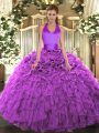 Floor Length Lace Up 15 Quinceanera Dress Fuchsia for Military Ball and Sweet 16 and Quinceanera with Ruffles