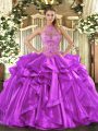 Glorious Purple Lace Up 15th Birthday Dress Beading and Embroidery and Ruffles Sleeveless Floor Length